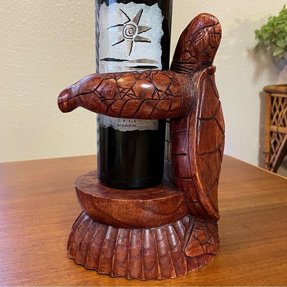 Hand Carved Wooden Turtle Wine Bottle Holder - Picture 2 of 15